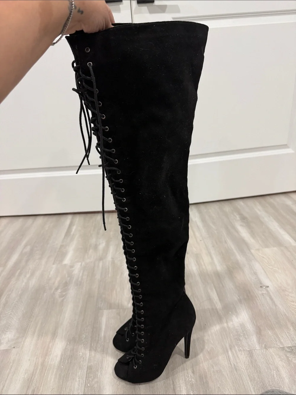 Black Over-the-Knee Lace-Up Heeled Boots - Women's